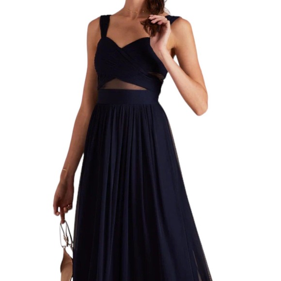 NWOT Birdy Grey Elsye Dress Navy Blue Mesh Long Formal Bridesmaids Dress Small - Picture 2 of 9